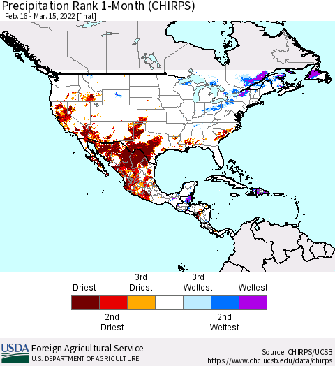 North America Precipitation Rank since 1981, 1-Month (CHIRPS) Thematic Map For 2/16/2022 - 3/15/2022