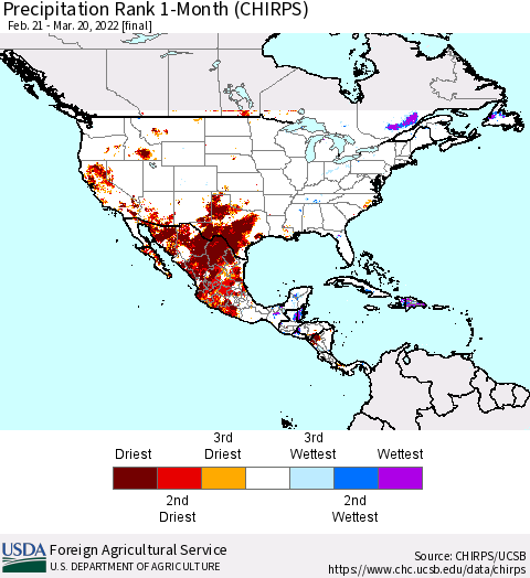 North America Precipitation Rank since 1981, 1-Month (CHIRPS) Thematic Map For 2/21/2022 - 3/20/2022