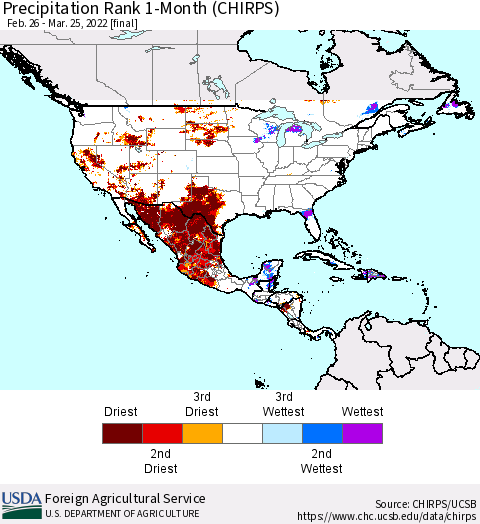 North America Precipitation Rank since 1981, 1-Month (CHIRPS) Thematic Map For 2/26/2022 - 3/25/2022