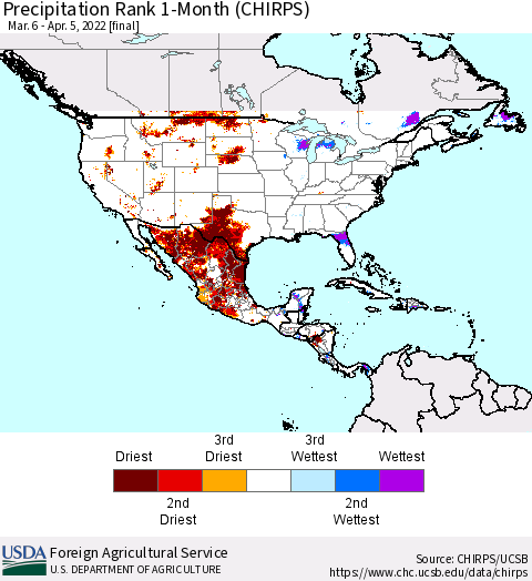North America Precipitation Rank since 1981, 1-Month (CHIRPS) Thematic Map For 3/6/2022 - 4/5/2022