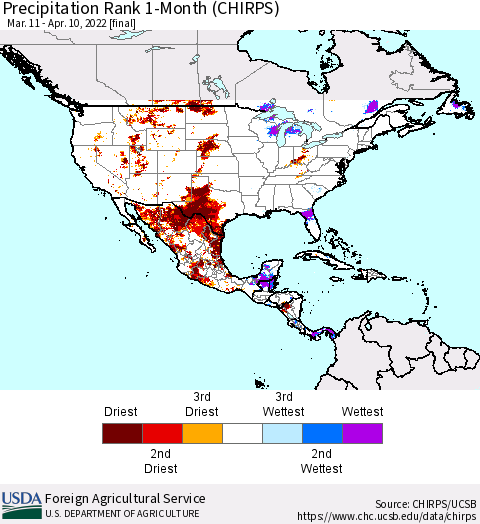 North America Precipitation Rank since 1981, 1-Month (CHIRPS) Thematic Map For 3/11/2022 - 4/10/2022