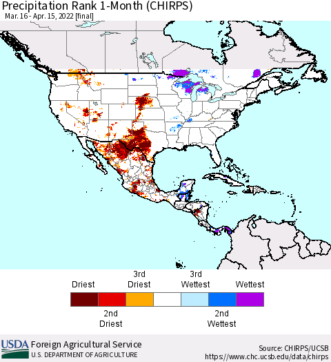 North America Precipitation Rank since 1981, 1-Month (CHIRPS) Thematic Map For 3/16/2022 - 4/15/2022