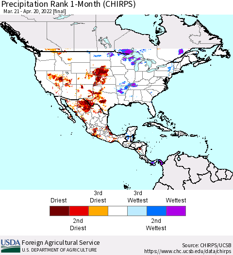 North America Precipitation Rank since 1981, 1-Month (CHIRPS) Thematic Map For 3/21/2022 - 4/20/2022