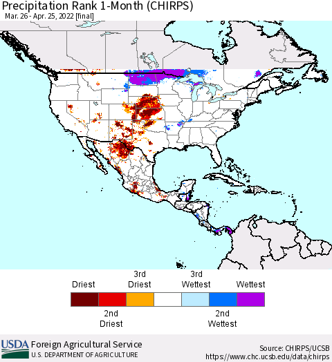 North America Precipitation Rank since 1981, 1-Month (CHIRPS) Thematic Map For 3/26/2022 - 4/25/2022