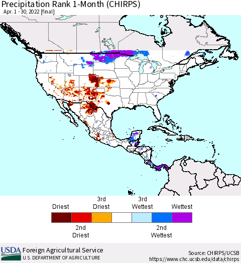 North America Precipitation Rank since 1981, 1-Month (CHIRPS) Thematic Map For 4/1/2022 - 4/30/2022