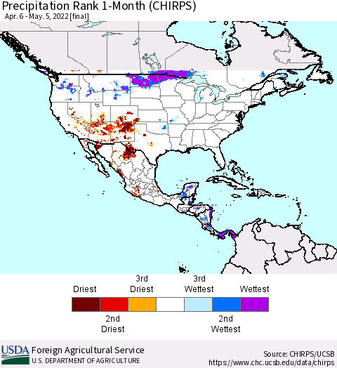 North America Precipitation Rank since 1981, 1-Month (CHIRPS) Thematic Map For 4/6/2022 - 5/5/2022