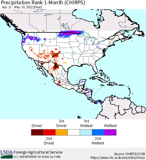 North America Precipitation Rank since 1981, 1-Month (CHIRPS) Thematic Map For 4/11/2022 - 5/10/2022