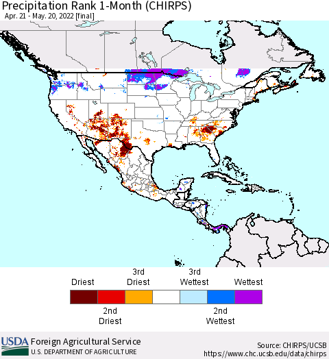 North America Precipitation Rank since 1981, 1-Month (CHIRPS) Thematic Map For 4/21/2022 - 5/20/2022
