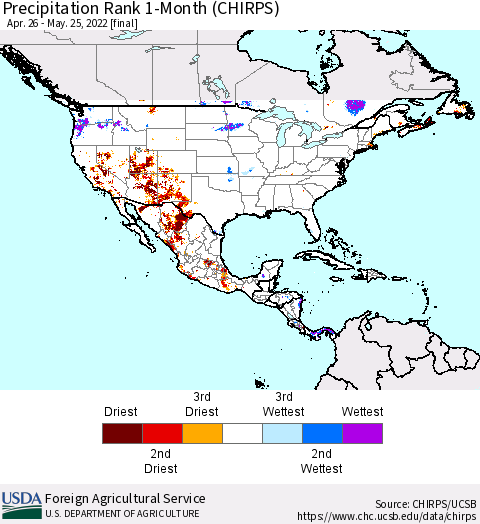 North America Precipitation Rank since 1981, 1-Month (CHIRPS) Thematic Map For 4/26/2022 - 5/25/2022