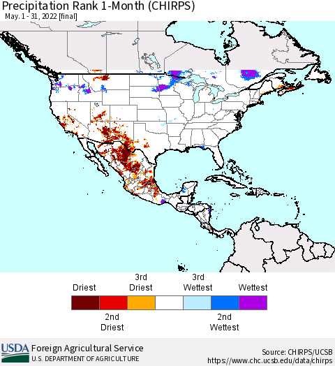 North America Precipitation Rank since 1981, 1-Month (CHIRPS) Thematic Map For 5/1/2022 - 5/31/2022