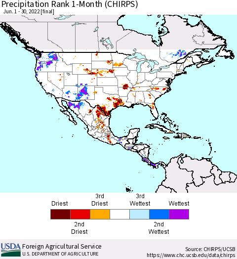 North America Precipitation Rank since 1981, 1-Month (CHIRPS) Thematic Map For 6/1/2022 - 6/30/2022