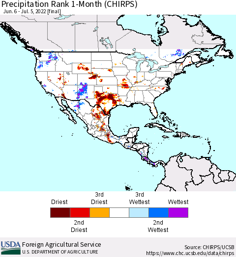 North America Precipitation Rank since 1981, 1-Month (CHIRPS) Thematic Map For 6/6/2022 - 7/5/2022