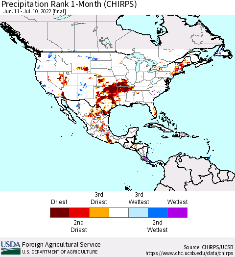 North America Precipitation Rank since 1981, 1-Month (CHIRPS) Thematic Map For 6/11/2022 - 7/10/2022