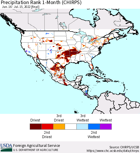 North America Precipitation Rank since 1981, 1-Month (CHIRPS) Thematic Map For 6/16/2022 - 7/15/2022