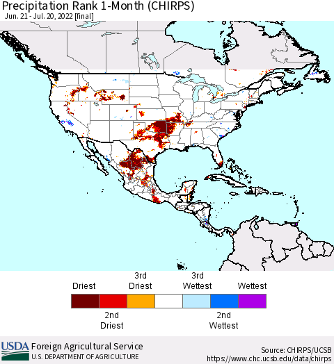 North America Precipitation Rank since 1981, 1-Month (CHIRPS) Thematic Map For 6/21/2022 - 7/20/2022