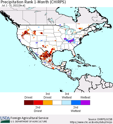North America Precipitation Rank since 1981, 1-Month (CHIRPS) Thematic Map For 7/1/2022 - 7/31/2022