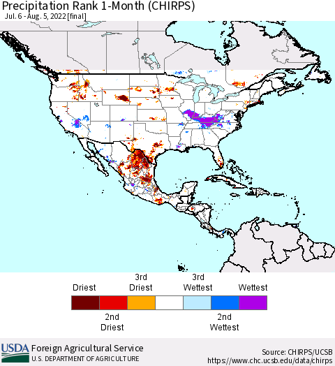 North America Precipitation Rank since 1981, 1-Month (CHIRPS) Thematic Map For 7/6/2022 - 8/5/2022