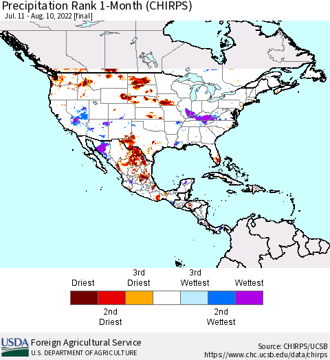 North America Precipitation Rank since 1981, 1-Month (CHIRPS) Thematic Map For 7/11/2022 - 8/10/2022