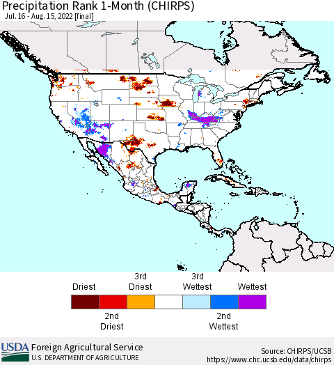 North America Precipitation Rank since 1981, 1-Month (CHIRPS) Thematic Map For 7/16/2022 - 8/15/2022