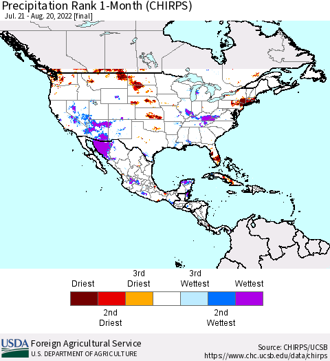 North America Precipitation Rank since 1981, 1-Month (CHIRPS) Thematic Map For 7/21/2022 - 8/20/2022