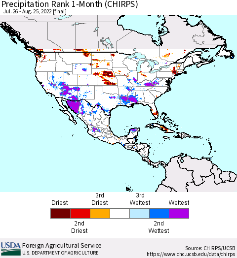 North America Precipitation Rank since 1981, 1-Month (CHIRPS) Thematic Map For 7/26/2022 - 8/25/2022