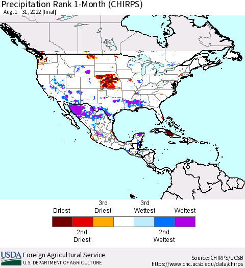 North America Precipitation Rank since 1981, 1-Month (CHIRPS) Thematic Map For 8/1/2022 - 8/31/2022
