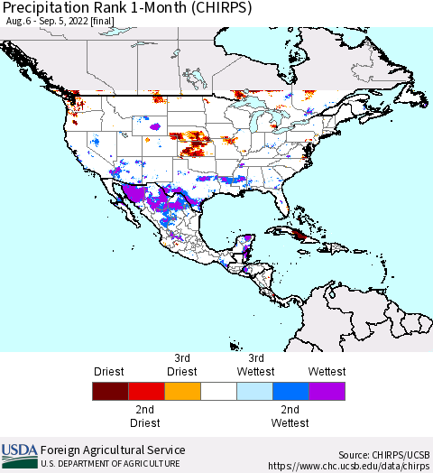 North America Precipitation Rank since 1981, 1-Month (CHIRPS) Thematic Map For 8/6/2022 - 9/5/2022