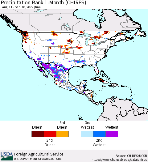 North America Precipitation Rank since 1981, 1-Month (CHIRPS) Thematic Map For 8/11/2022 - 9/10/2022