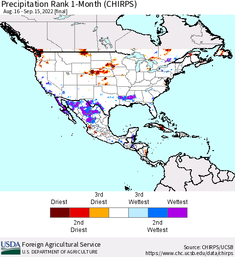 North America Precipitation Rank since 1981, 1-Month (CHIRPS) Thematic Map For 8/16/2022 - 9/15/2022
