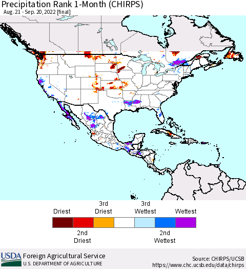 North America Precipitation Rank since 1981, 1-Month (CHIRPS) Thematic Map For 8/21/2022 - 9/20/2022