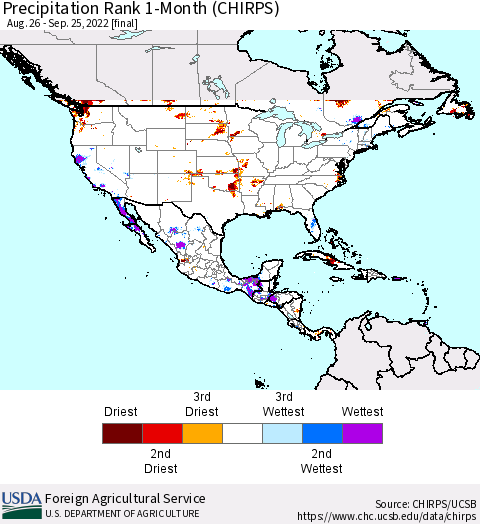 North America Precipitation Rank since 1981, 1-Month (CHIRPS) Thematic Map For 8/26/2022 - 9/25/2022