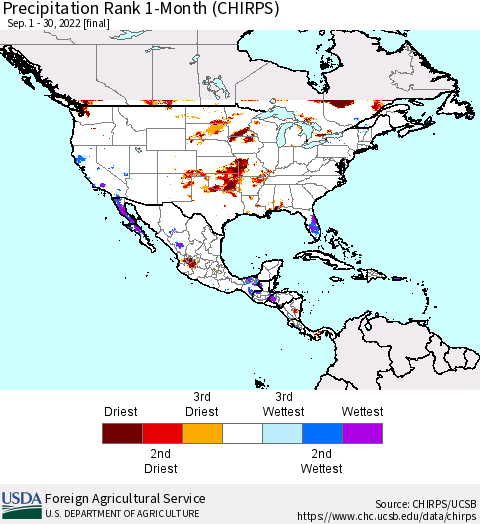North America Precipitation Rank since 1981, 1-Month (CHIRPS) Thematic Map For 9/1/2022 - 9/30/2022