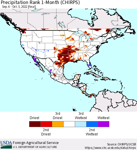 North America Precipitation Rank since 1981, 1-Month (CHIRPS) Thematic Map For 9/6/2022 - 10/5/2022
