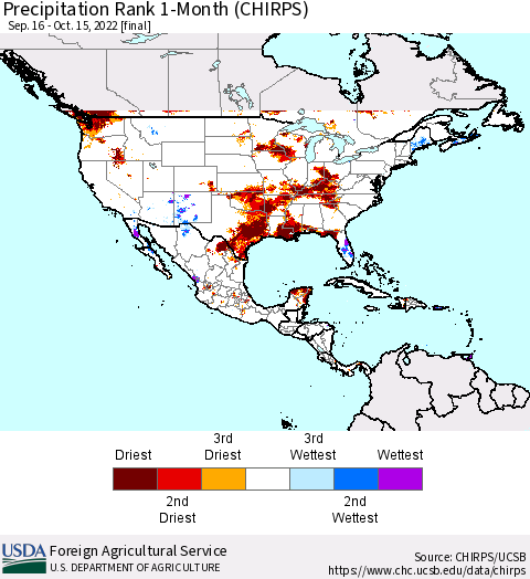 North America Precipitation Rank since 1981, 1-Month (CHIRPS) Thematic Map For 9/16/2022 - 10/15/2022
