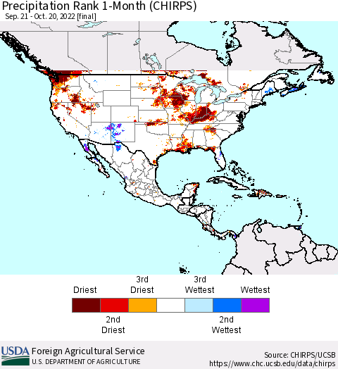 North America Precipitation Rank since 1981, 1-Month (CHIRPS) Thematic Map For 9/21/2022 - 10/20/2022