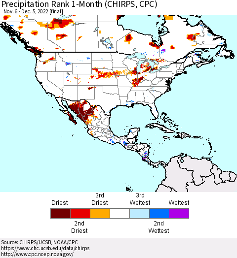 North America Precipitation Rank since 1981, 1-Month (CHIRPS) Thematic Map For 11/6/2022 - 12/5/2022