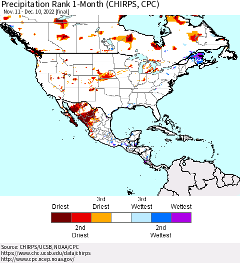 North America Precipitation Rank since 1981, 1-Month (CHIRPS) Thematic Map For 11/11/2022 - 12/10/2022