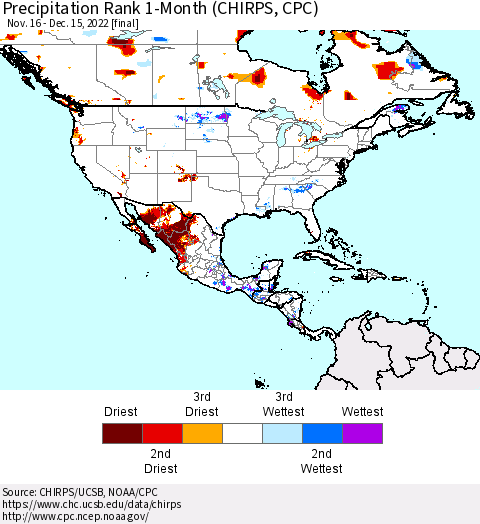 North America Precipitation Rank since 1981, 1-Month (CHIRPS) Thematic Map For 11/16/2022 - 12/15/2022