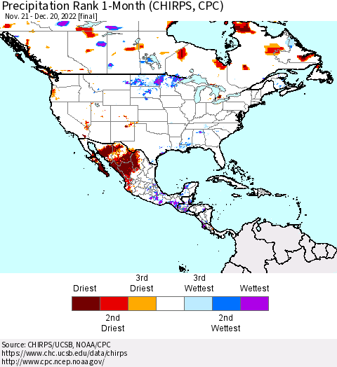 North America Precipitation Rank since 1981, 1-Month (CHIRPS) Thematic Map For 11/21/2022 - 12/20/2022