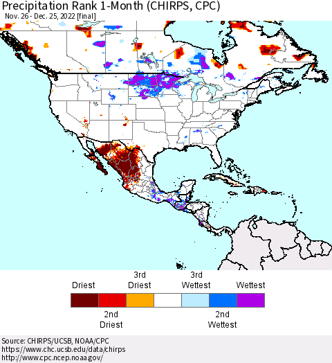North America Precipitation Rank since 1981, 1-Month (CHIRPS) Thematic Map For 11/26/2022 - 12/25/2022