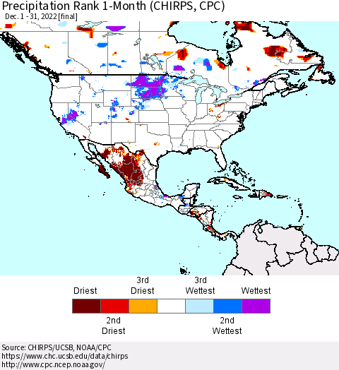 North America Precipitation Rank since 1981, 1-Month (CHIRPS) Thematic Map For 12/1/2022 - 12/31/2022