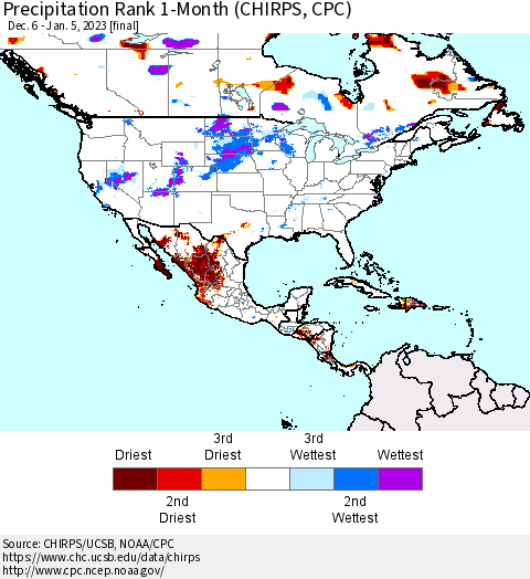 North America Precipitation Rank since 1981, 1-Month (CHIRPS) Thematic Map For 12/6/2022 - 1/5/2023