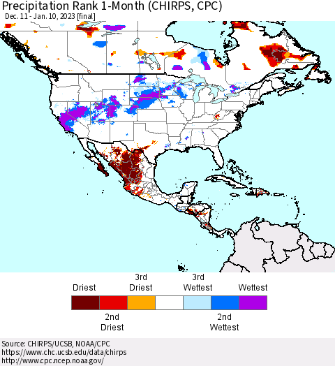 North America Precipitation Rank since 1981, 1-Month (CHIRPS) Thematic Map For 12/11/2022 - 1/10/2023