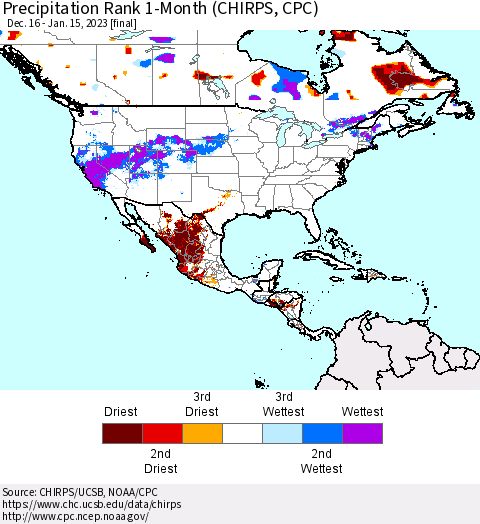 North America Precipitation Rank since 1981, 1-Month (CHIRPS) Thematic Map For 12/16/2022 - 1/15/2023