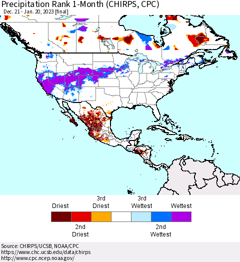 North America Precipitation Rank since 1981, 1-Month (CHIRPS) Thematic Map For 12/21/2022 - 1/20/2023