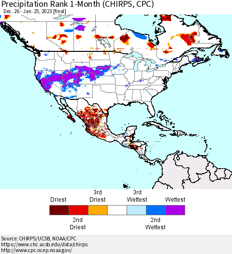 North America Precipitation Rank since 1981, 1-Month (CHIRPS) Thematic Map For 12/26/2022 - 1/25/2023