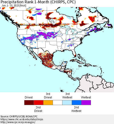 North America Precipitation Rank since 1981, 1-Month (CHIRPS) Thematic Map For 1/1/2023 - 1/31/2023