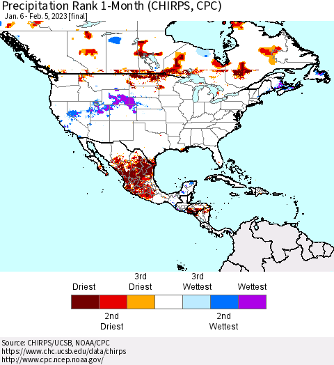 North America Precipitation Rank since 1981, 1-Month (CHIRPS) Thematic Map For 1/6/2023 - 2/5/2023