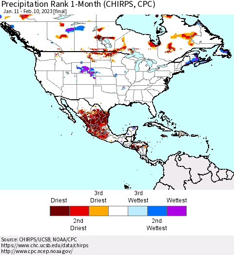 North America Precipitation Rank since 1981, 1-Month (CHIRPS) Thematic Map For 1/11/2023 - 2/10/2023