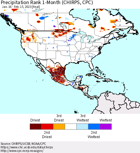North America Precipitation Rank since 1981, 1-Month (CHIRPS) Thematic Map For 1/16/2023 - 2/15/2023